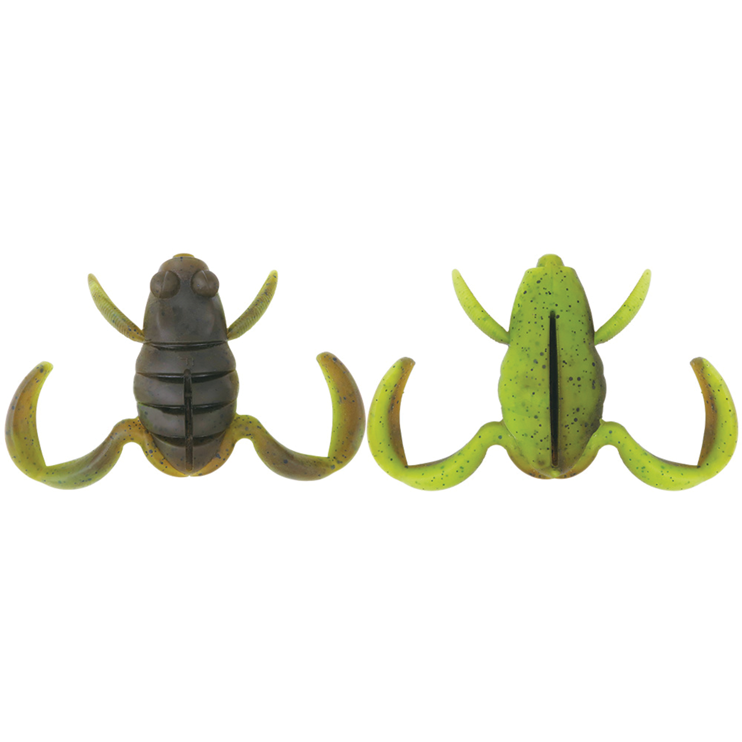 Two silicone fishing lures in green and brown colors shaped like frogs with multiple flexible legs, designed as BottomUp Scooper Frog Magnum for fishing tackle use.