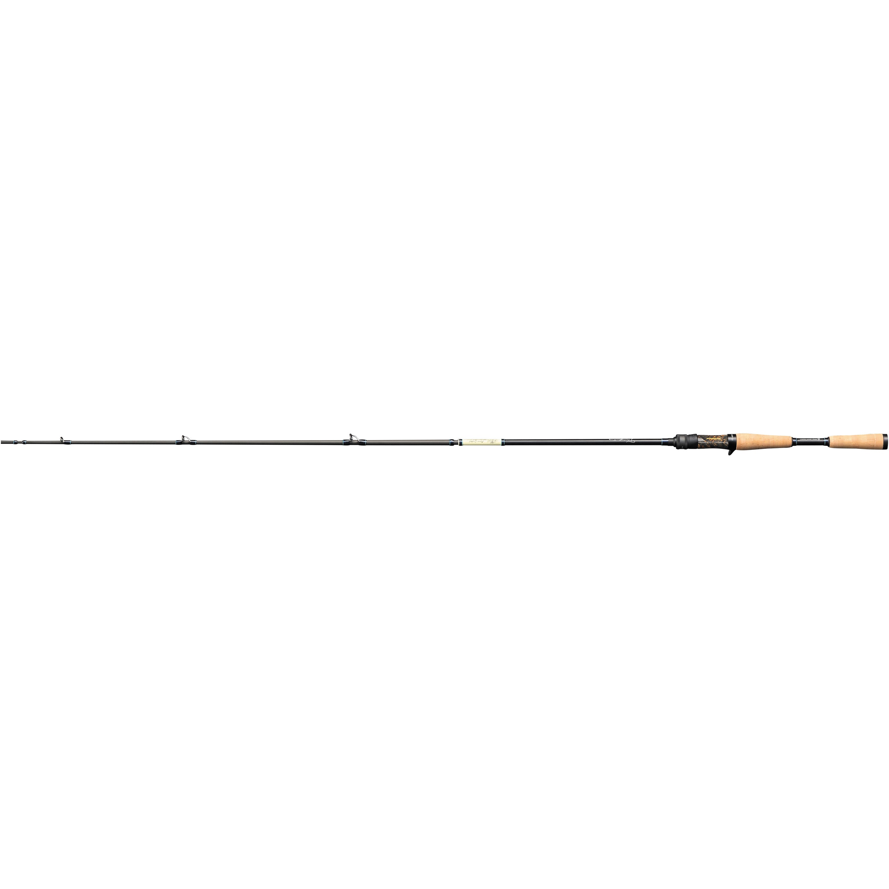 Megabass Triza 3-Piece Travel Casting Rods with black blank and natural wood handle designed for portable fishing tackle, ideal for musky and other freshwater fishing.