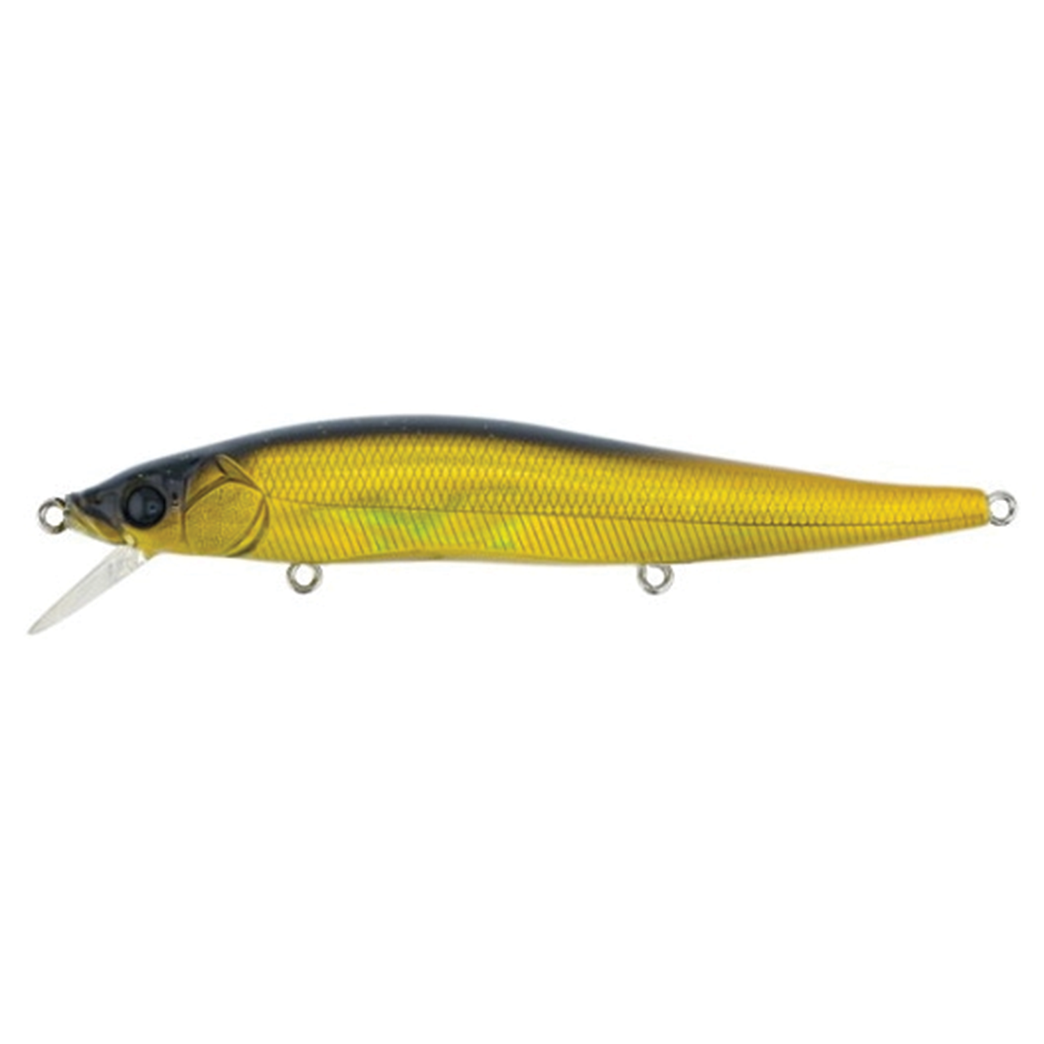 Megabass Vision 110 fishing lure in shiny yellow and black with realistic scale texture and three metal attachment points, designed for attracting predatory fish.