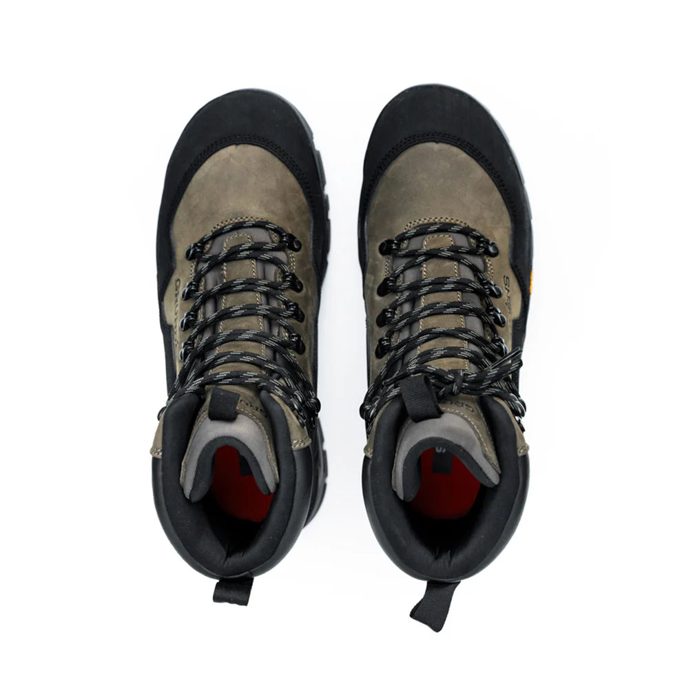 Top-down view of a pair of Grundens Bankside Wading Boot - Vibram Sole in brown and black with secure lacing and padded collars for comfortable fishing and outdoor use.
