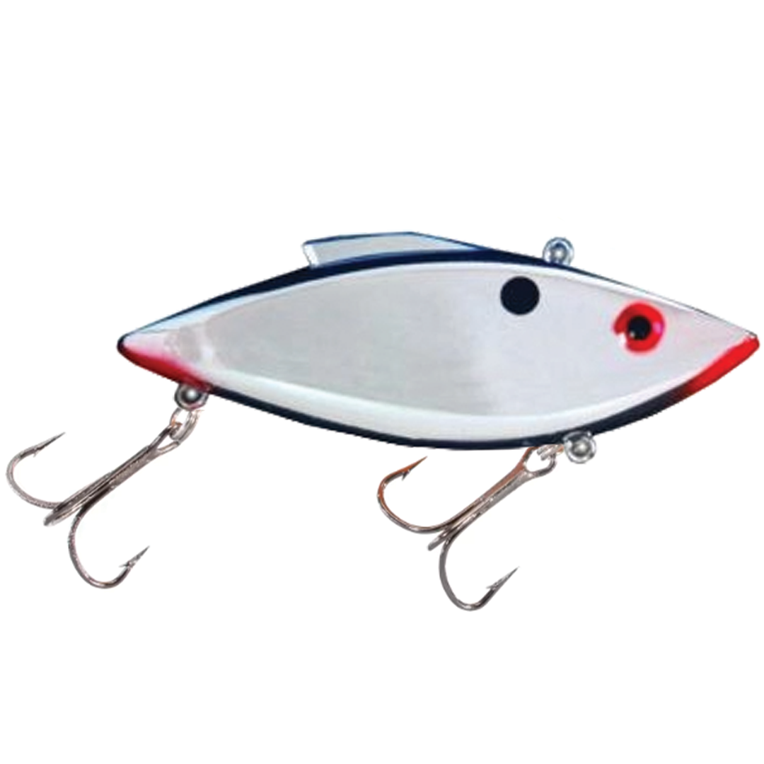 Bill Lewis Rat-L-Trap - Magnum Force fishing lure with a sleek white and silver body, black spot, red accent near the head, and two sharp treble hooks for effective fishing tackle.
