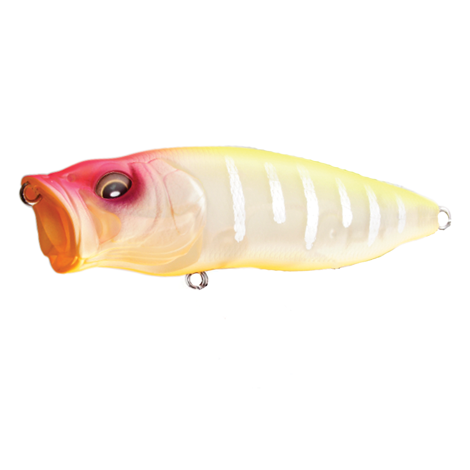 Megabass Pop-X fishing lure in yellow and pink tones with a wide, concave mouth designed for surface popping action to attract musky and other game fish.