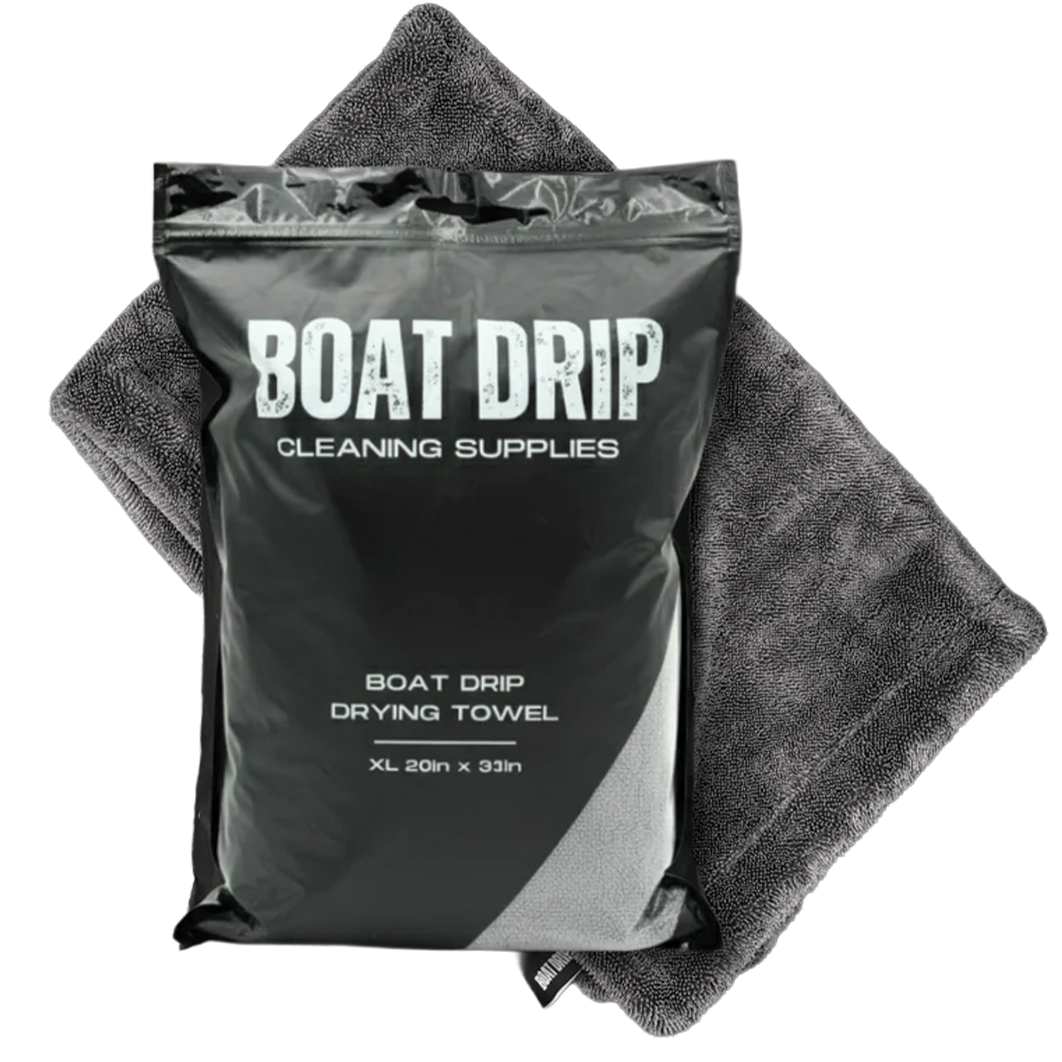 Boat Drip Drying Towel in black packaging displayed on a dark gray microfiber towel, designed for quick drying and cleaning of boats and fishing gear.