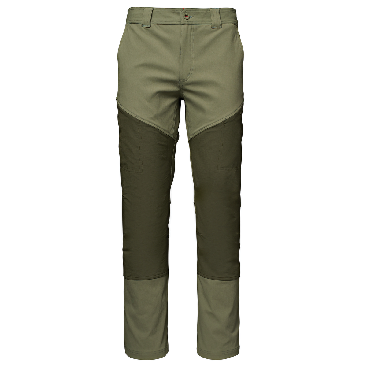 Simms Confluence Pants - Men's olive green fishing pants with reinforced darker knee and leg panels and a straight fit for outdoor angling and active use