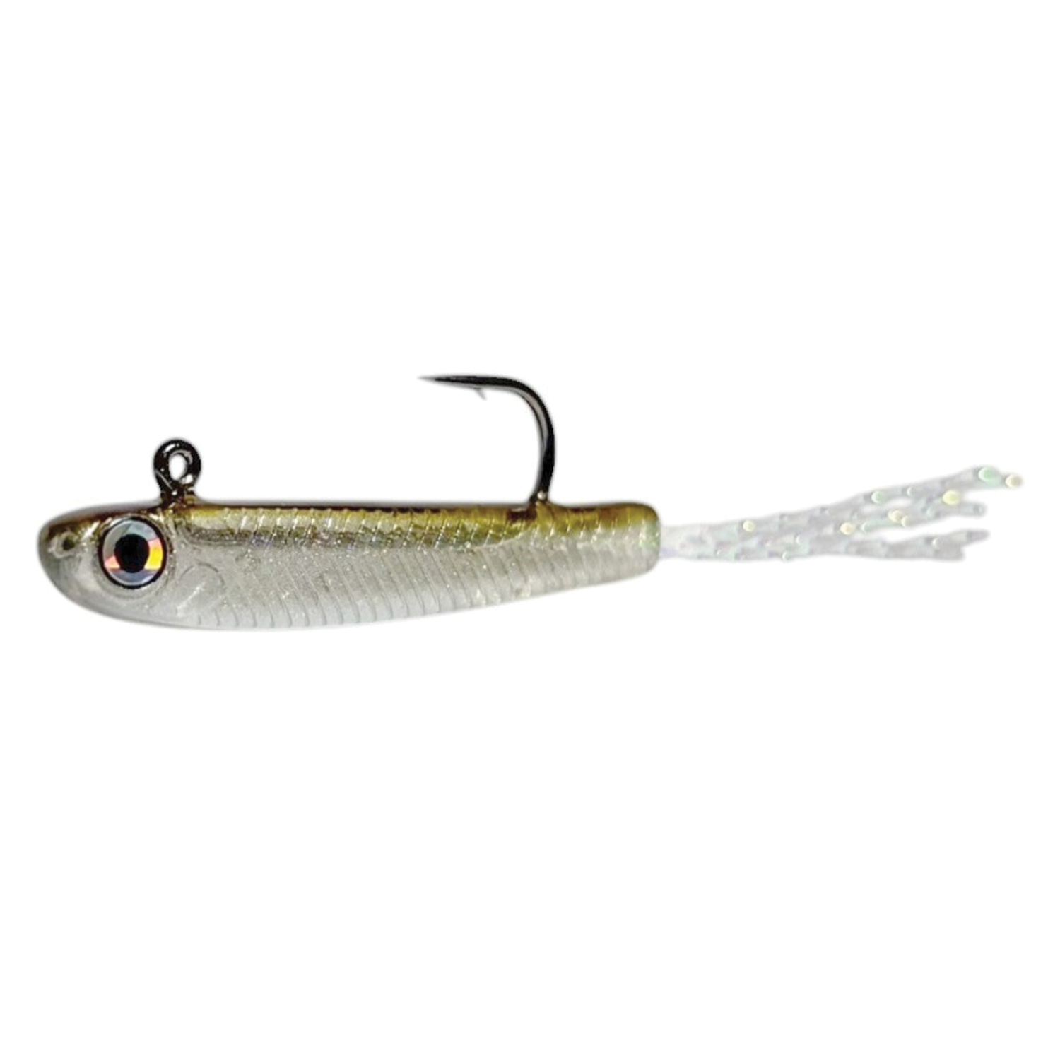 HMKL Fry 25 fishing lure with a realistic silver and gold fish design, detailed eye, single sharp hook, and translucent tail strands for effective fishing tackle.