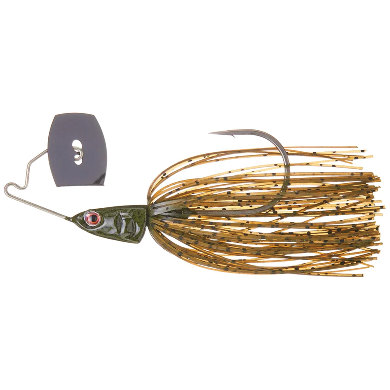 Bass Puzzle Grass Piece fishing lure with weed guard wire, realistic fish head design, and yellow-brown silicone skirt with black flecks for effective fishing tackle use.