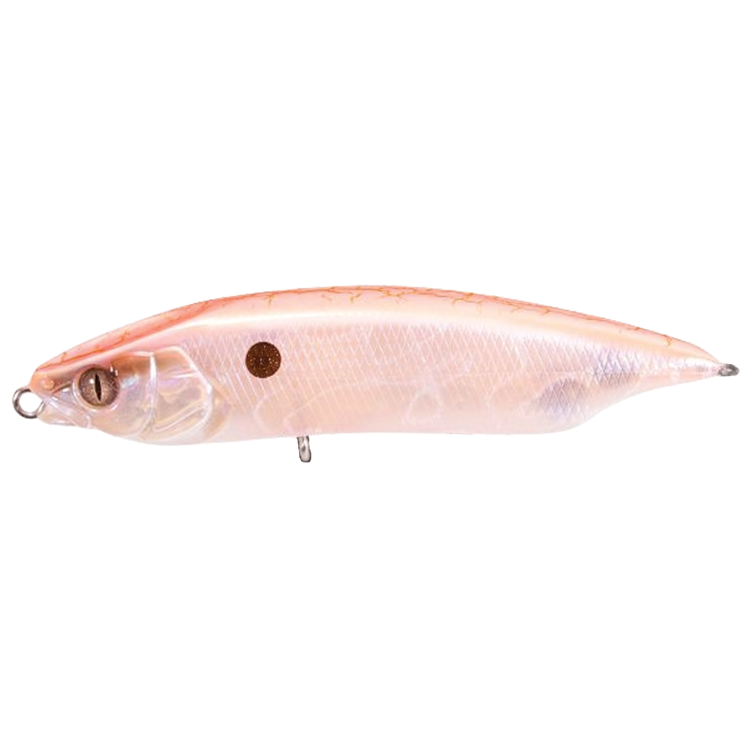 Megabass Karashi 80 fishing lure in translucent pale pink with realistic fish scale texture and a small dark spot near the head, designed for freshwater fishing tackle.