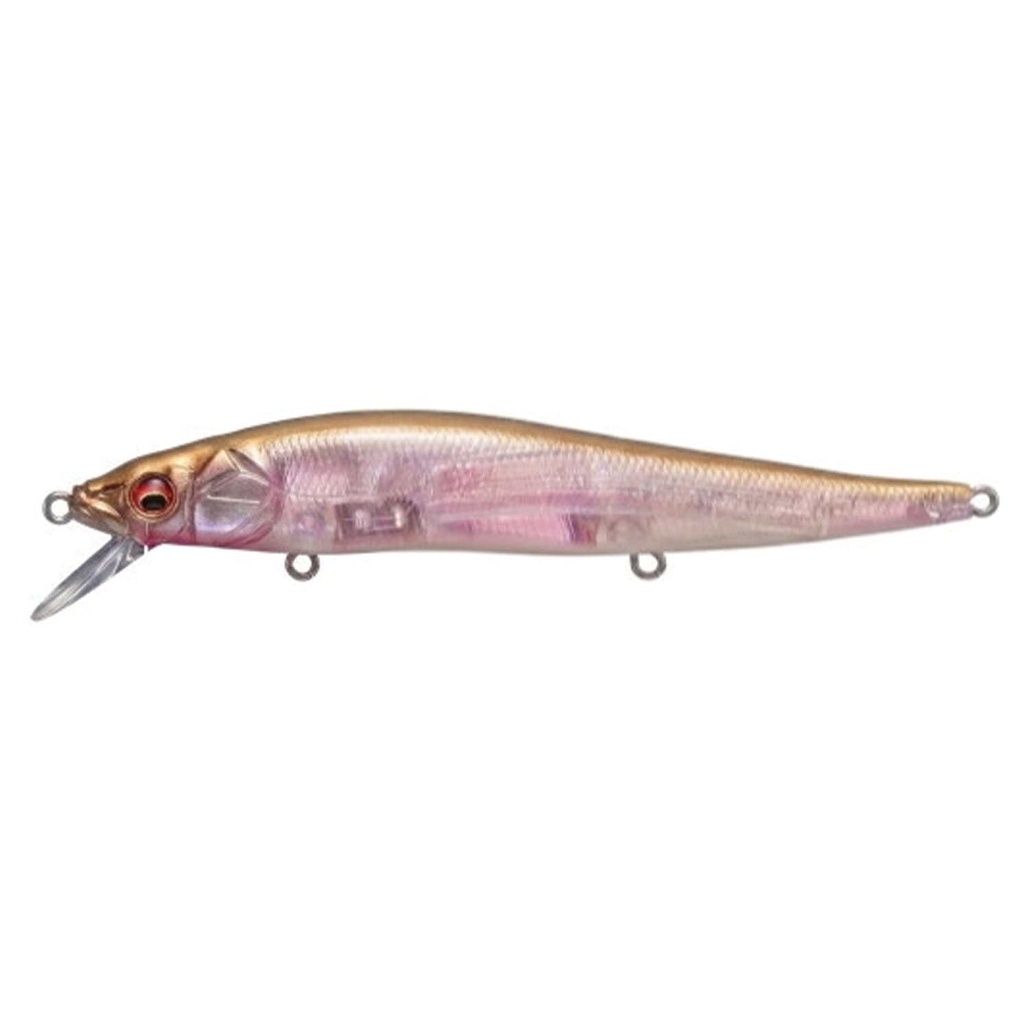 Megabass Vision 110 fishing lure with a sleek, translucent pink and gold body, detailed red eyes, and a clear plastic lip designed for realistic movement in water.