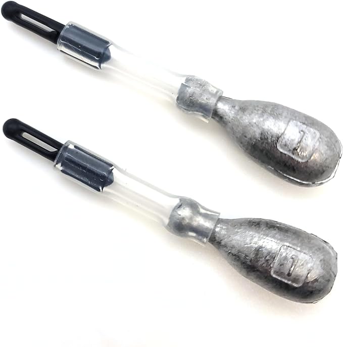 Two silver fishing weights with black connectors attached to clear tubular sections, designed for precise fishing tackle setups called Wing-It Sinker w/Connectors.