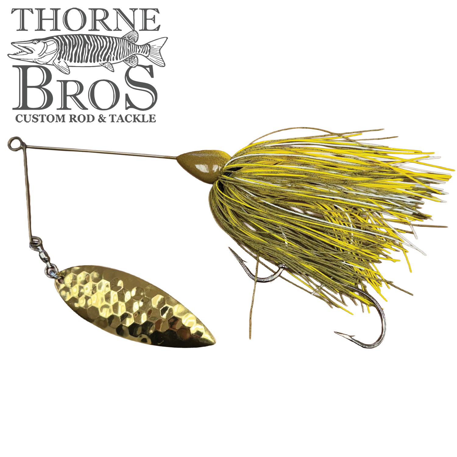 CJ'S Large Silicone (Willow Blade) fishing lure featuring a gold hammered willow blade and a skirt of yellow and green silicone strands with multiple sharp hooks.