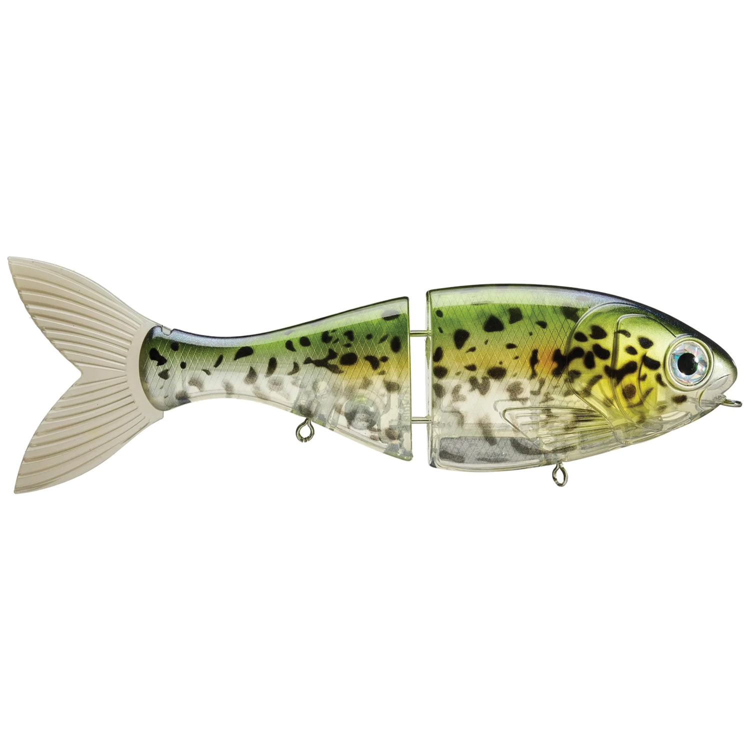 Bucca Trick Shad fishing lure designed with a segmented body in green and yellow tones with black spots and a realistic fish tail, ideal for musky fishing tackle.