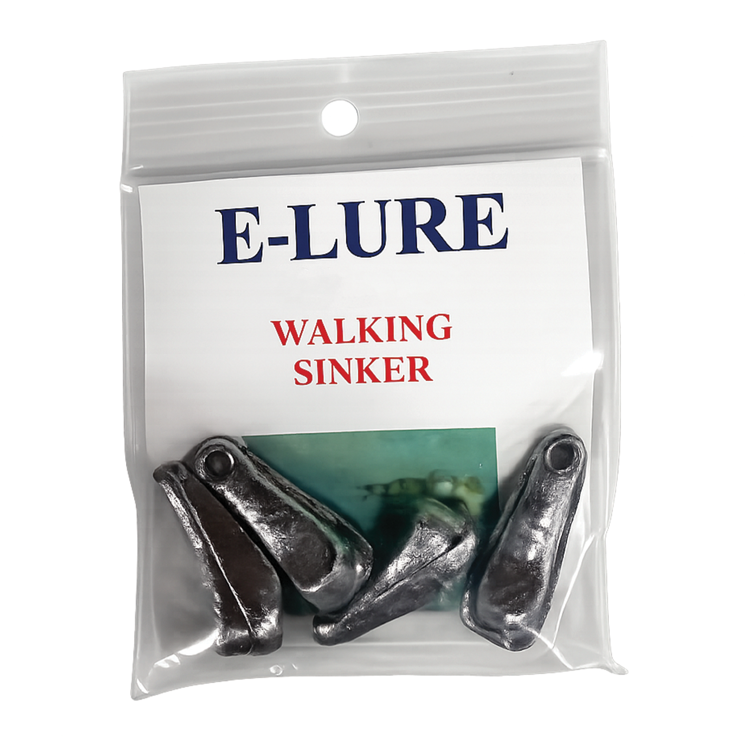 E-Lure - Walking Sinkers fishing tackle in a clear resealable plastic bag showing four silver-colored metal sinkers with a loop for attaching to fishing lines.