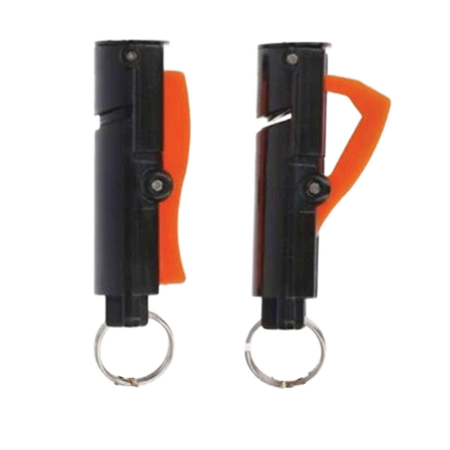 Two black and orange plastic Eagle Claw Quick Release Line Clips (2 Pack) fishing accessories with metal key rings, shown in closed and open positions for fishing tackle use.