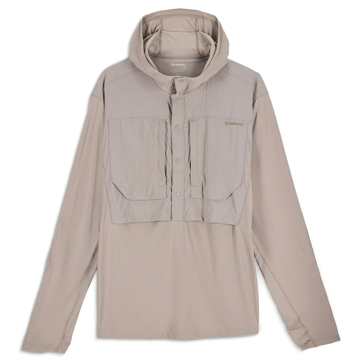 Simms Latitude BiComp Hoody - Men's in light beige, long sleeves with a hood, front chest pockets with flap closures, designed for fishing and outdoor activities.