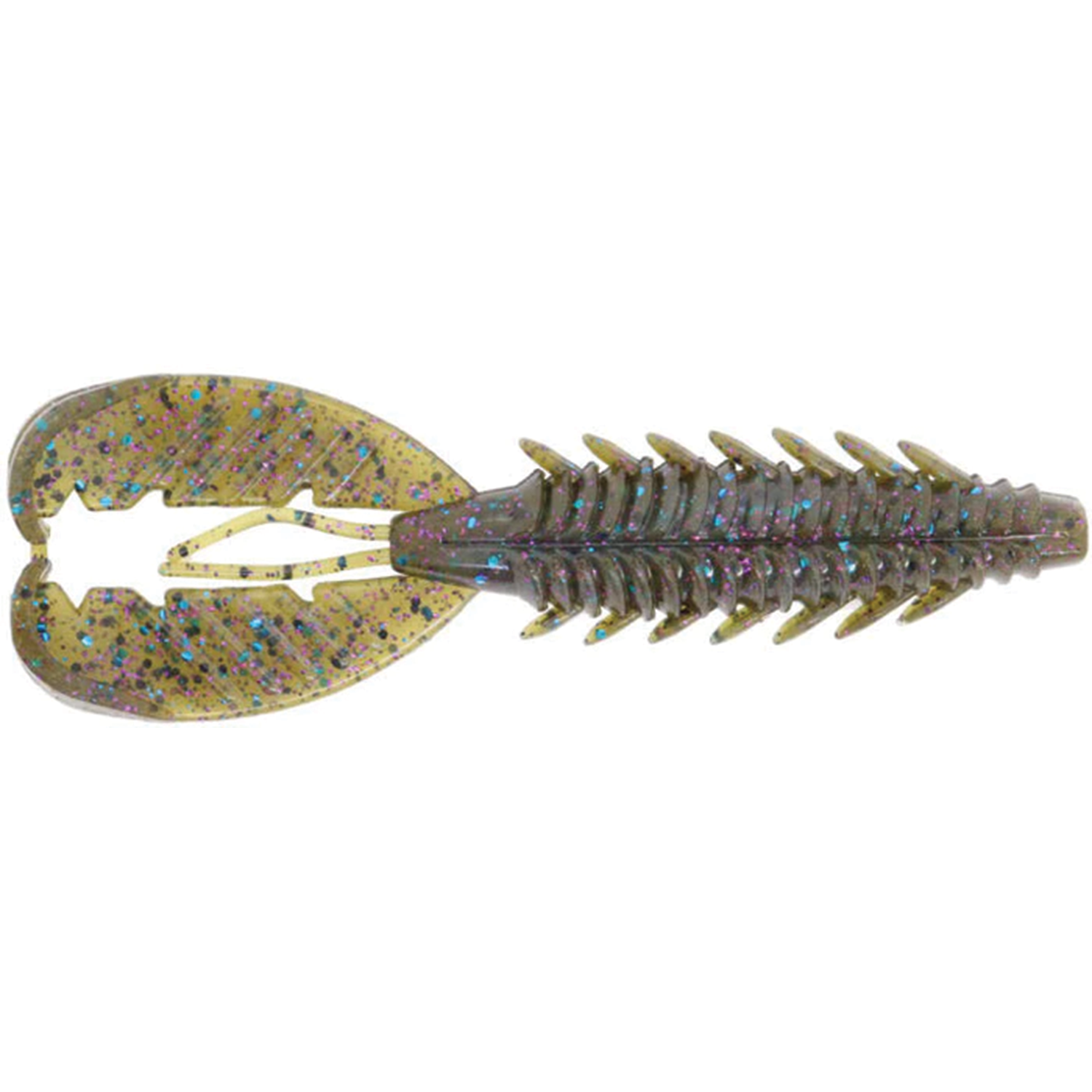 X-Zone Adrenaline Craw Jr. is a soft plastic fishing lure with a segmented body and twin claw-like appendages, featuring a translucent greenish hue with purple and blue speckles.