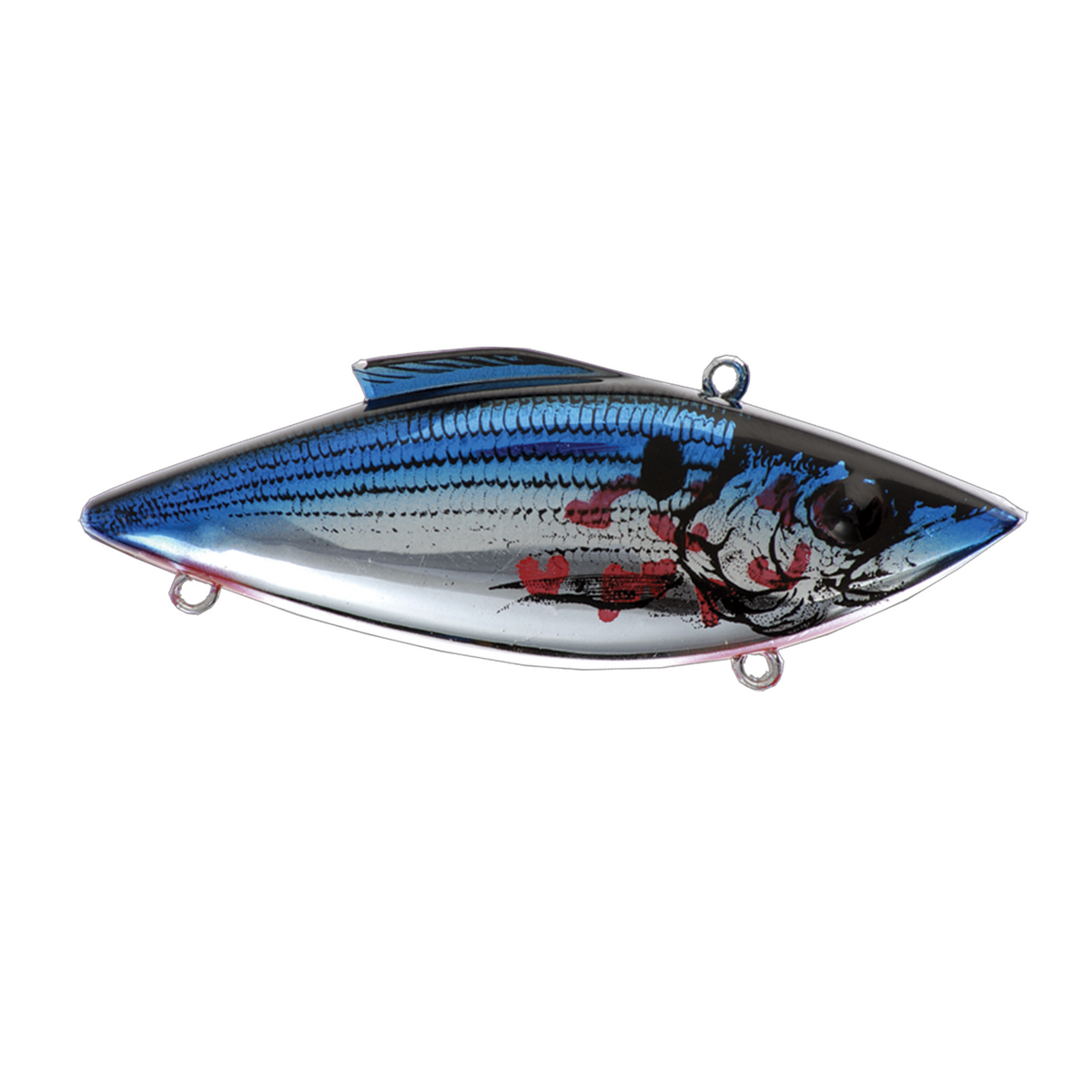 Bill Lewis Rat-L-Trap - Mag Trap fishing lure resembling a shiny blue and silver fish with detailed scales and multiple attachment points for fishing tackle.