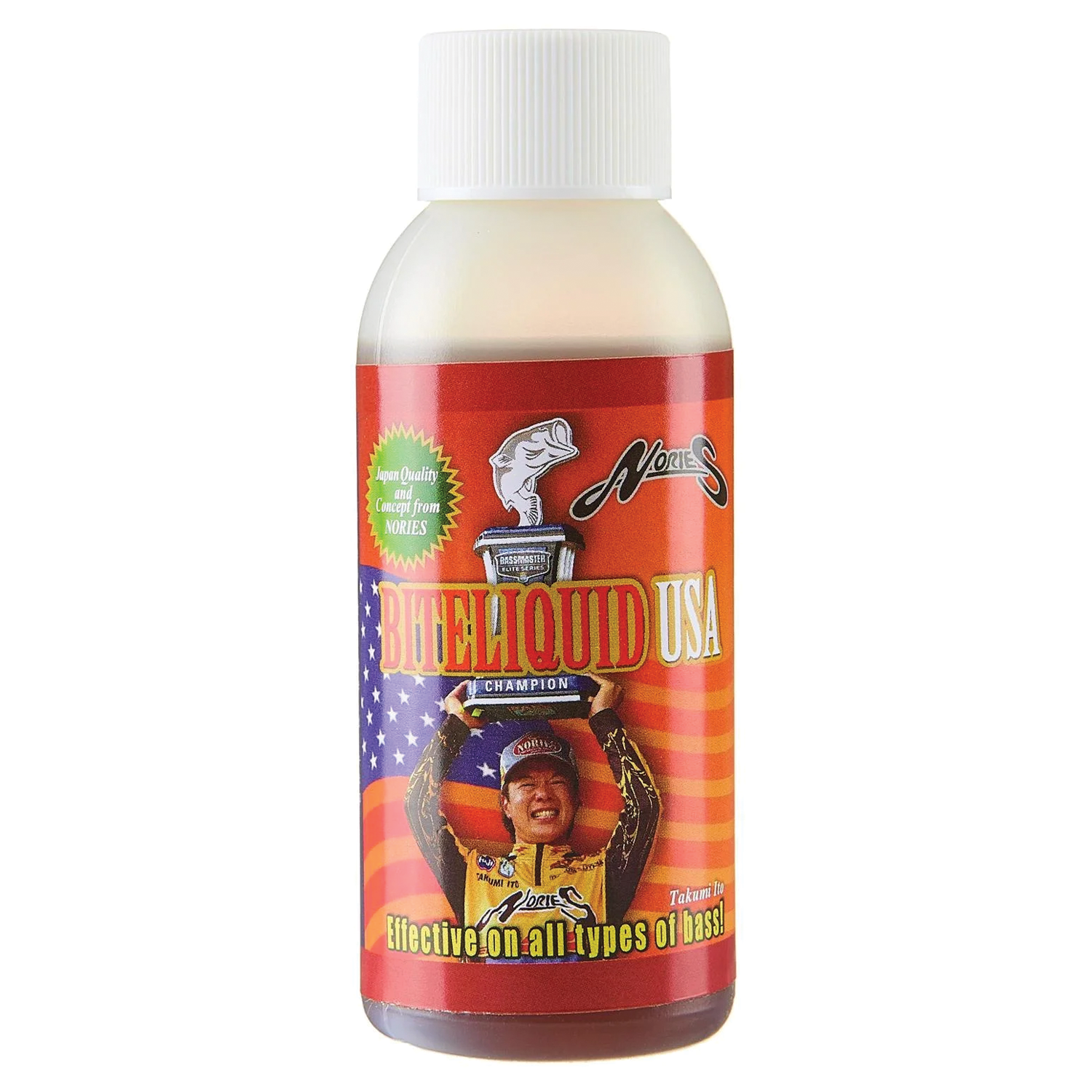 Bottle of Nories Bite Liquid USA fishing attractant with red label featuring an American flag background, a fisherman holding a trophy, and text highlighting its effectiveness on all types of bass.