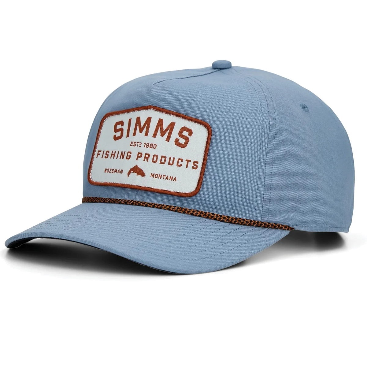 Simms Double Haul Rope Cap in light blue with a curved brim and rope trim featuring a vintage Simms Fishing Products patch on the front