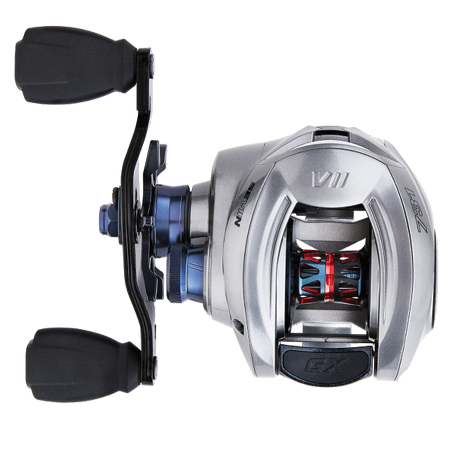 Fishing reel with metallic finish and black handles on a white background