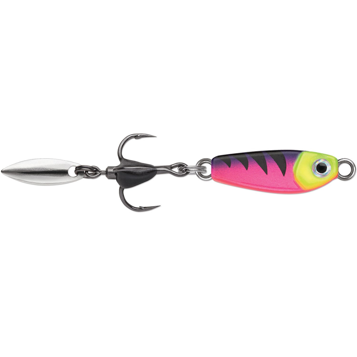 VMC Bladed Bull Spoon fishing lure with a vibrant pink, yellow, and purple body featuring black stripes, a single treble hook, and a silver spinning blade for enhanced fish attraction.