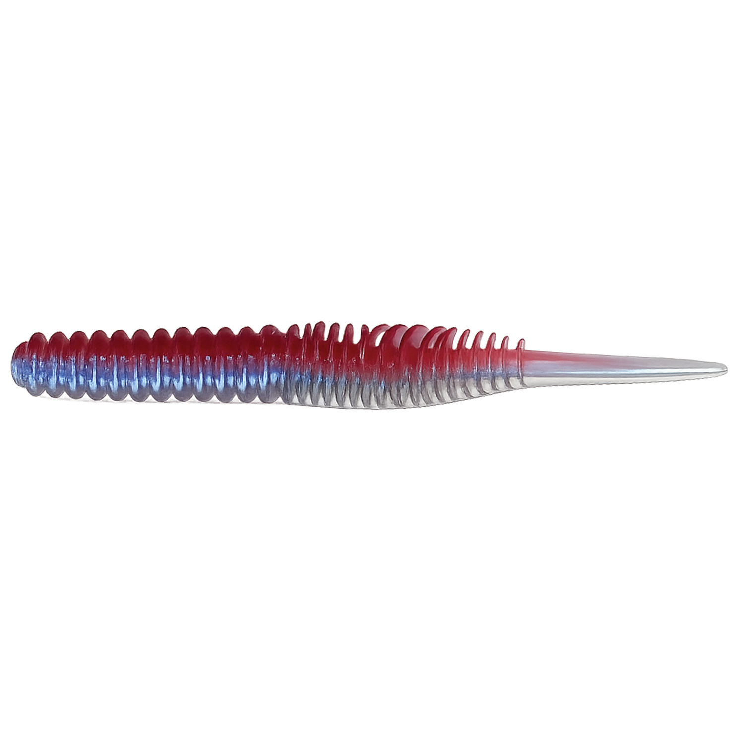 Transparent fishing lure with red and blue gradient on a white background