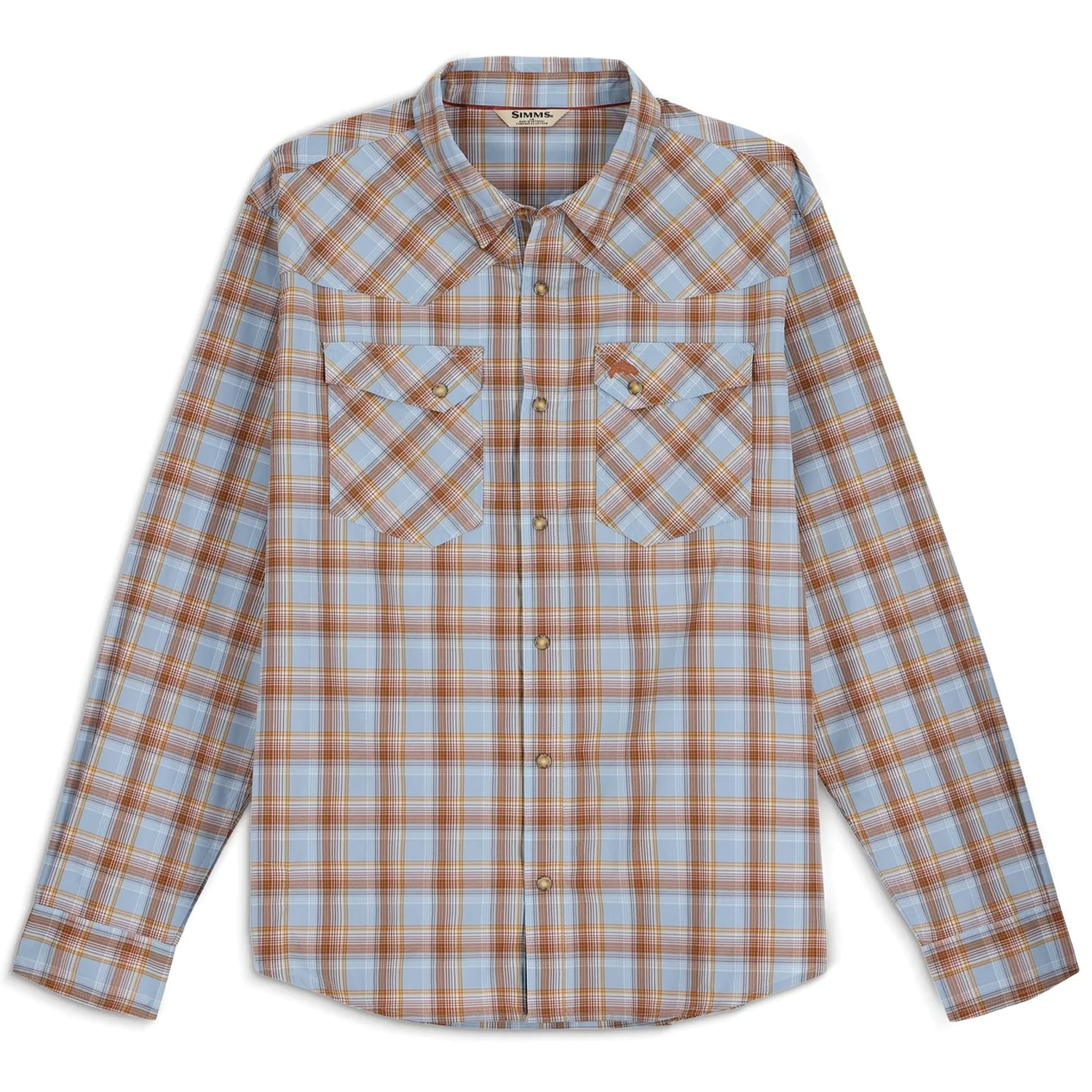Simms Brackett LS Shirt - Men's featuring a long-sleeve design with blue and brown plaid pattern, button-front closure, and two chest pockets, ideal for outdoor fishing activities.