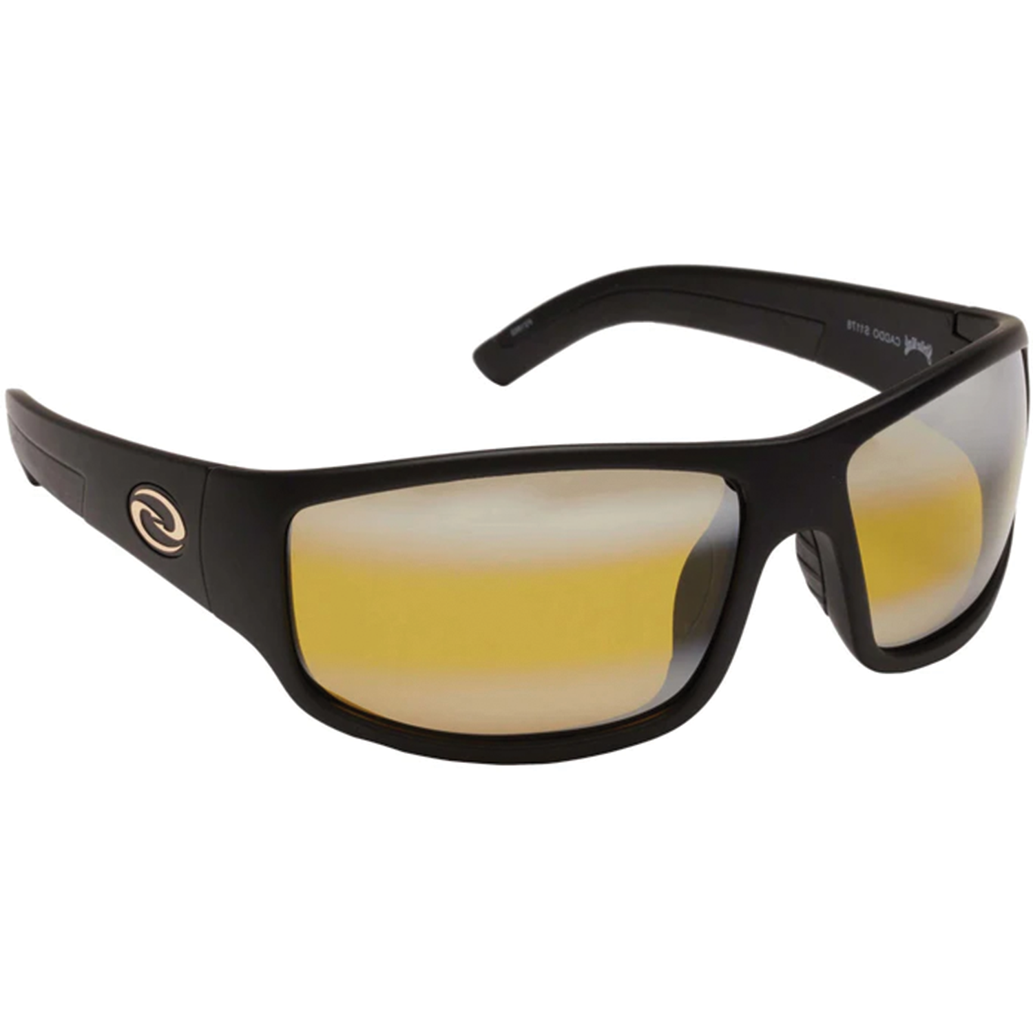 Strike King S11 Optics - Caddo polarized sunglasses with black wraparound frame and amber-tinted lenses designed for fishing and outdoor activities.