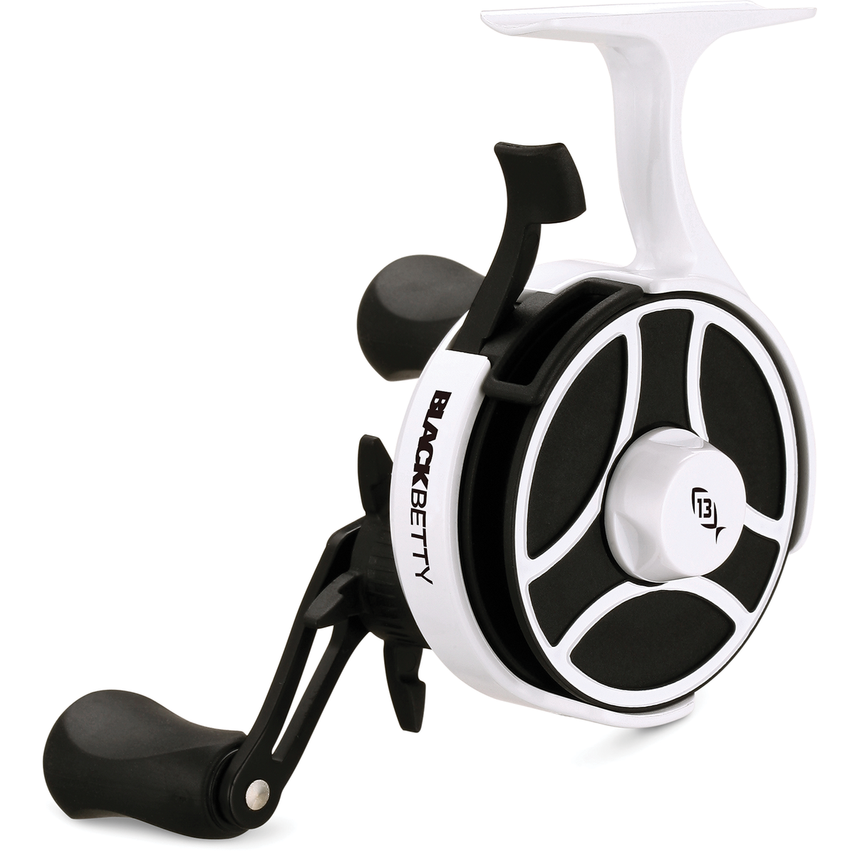 13 Fishing Freefall Ghost Reel in white and black with open spool and ergonomic dual handle knobs for fishing tackle