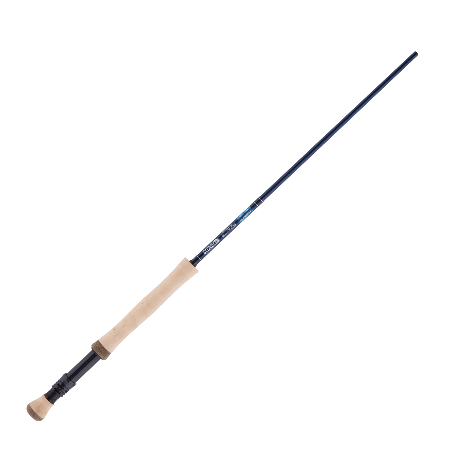 St. Croix Legend Elite Salt Fly Rod featuring a sleek blue carbon fiber shaft and ergonomic cork handle, designed for precision and durability in saltwater fly fishing.