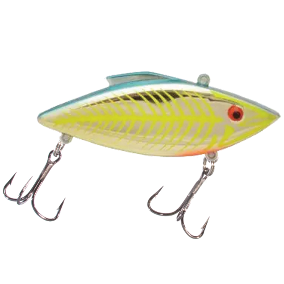 Bill Lewis Rat-L-Trap - Mag Trap fishing lure with a fish-shaped body in yellow and green hues, featuring two sharp treble hooks for effective fishing tackle use.