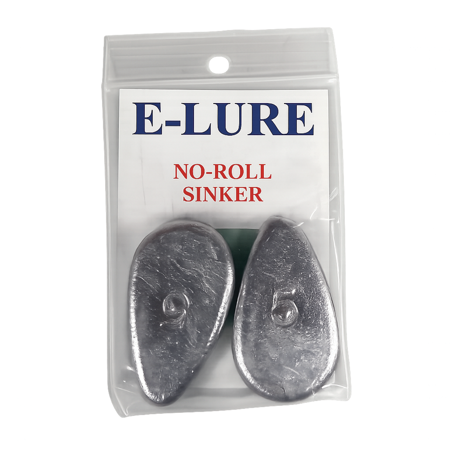 Package containing two silver-colored, teardrop-shaped E-Lure - No-Roll Sinkers with weight markings, designed for fishing tackle use, displayed in clear plastic packaging.