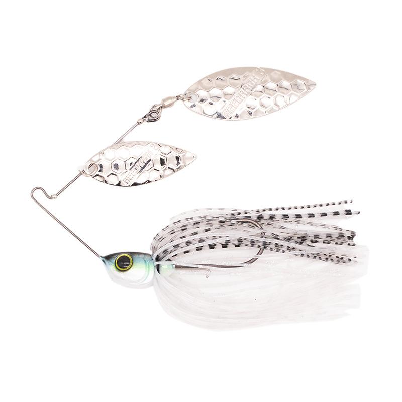 Geecrack G Blade Spinnerbait with metallic silver double blades, lifelike fish head, and white and black spotted skirt designed for fishing tackle and lure use.