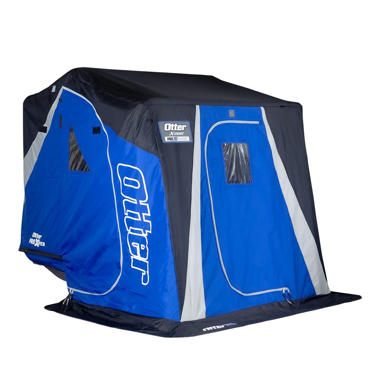 Otter Pro XS Cabin X-Over - #201848 blue and black portable ice fishing shelter with windows and zippered door, designed for musky anglers and cold weather fishing comfort.