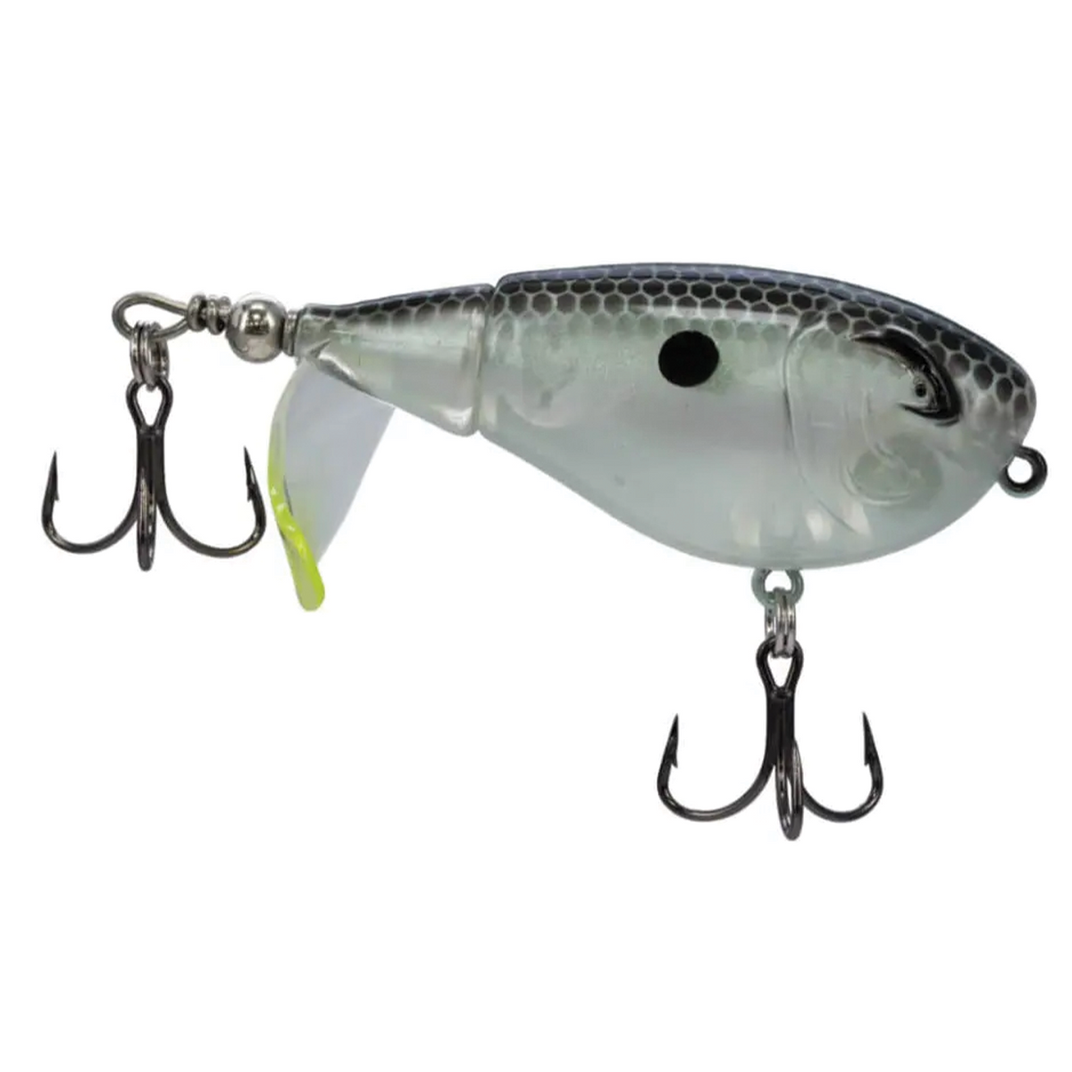 Bill Lewis Baby Bubbler 55 fishing lure with a segmented body, clear and dark scale pattern, and two treble hooks designed for effective musky fishing.
