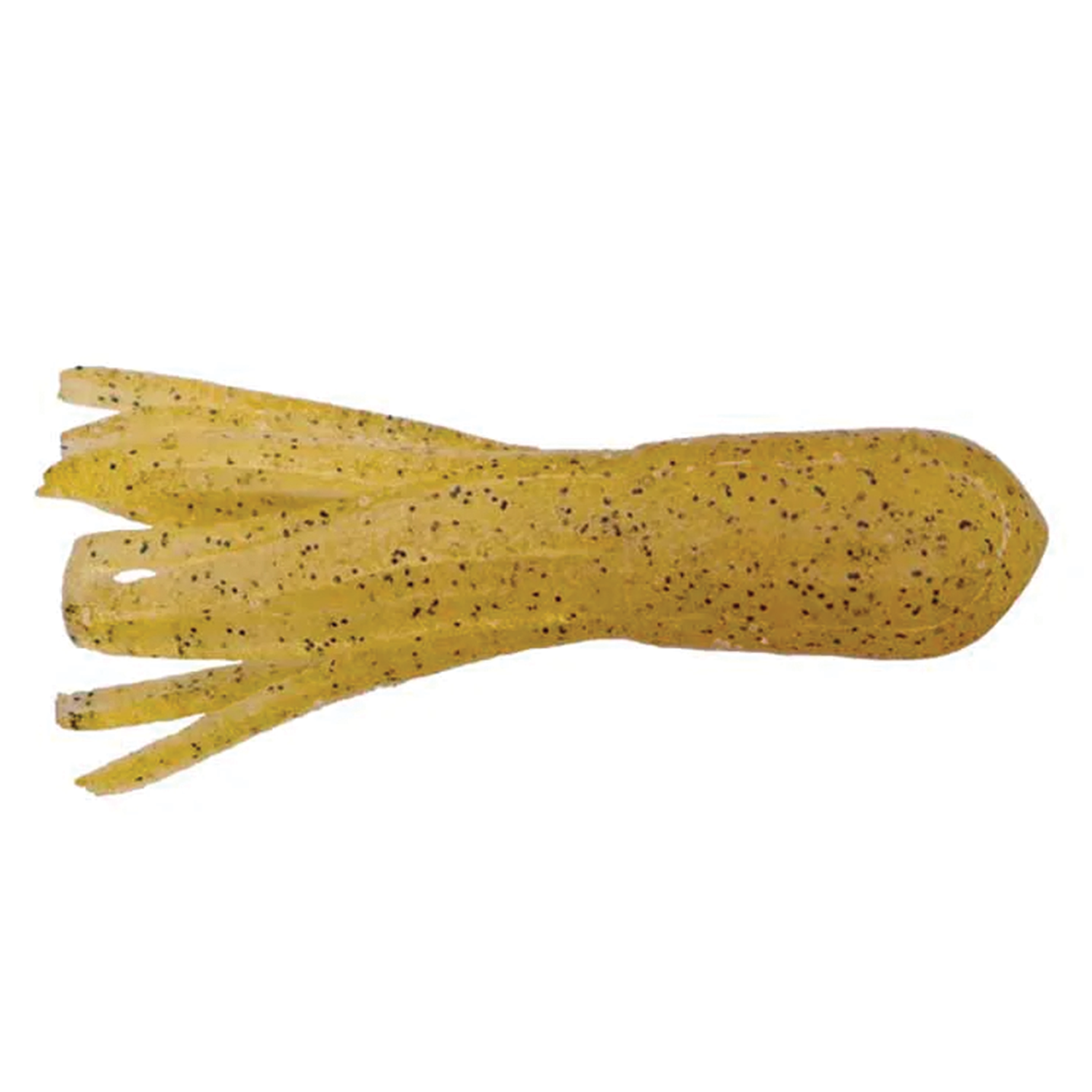 X-Zone 2.25" Scented Stealth Tubes fishing lure in translucent yellow with black specks, designed for musky and ice fishing tackle.