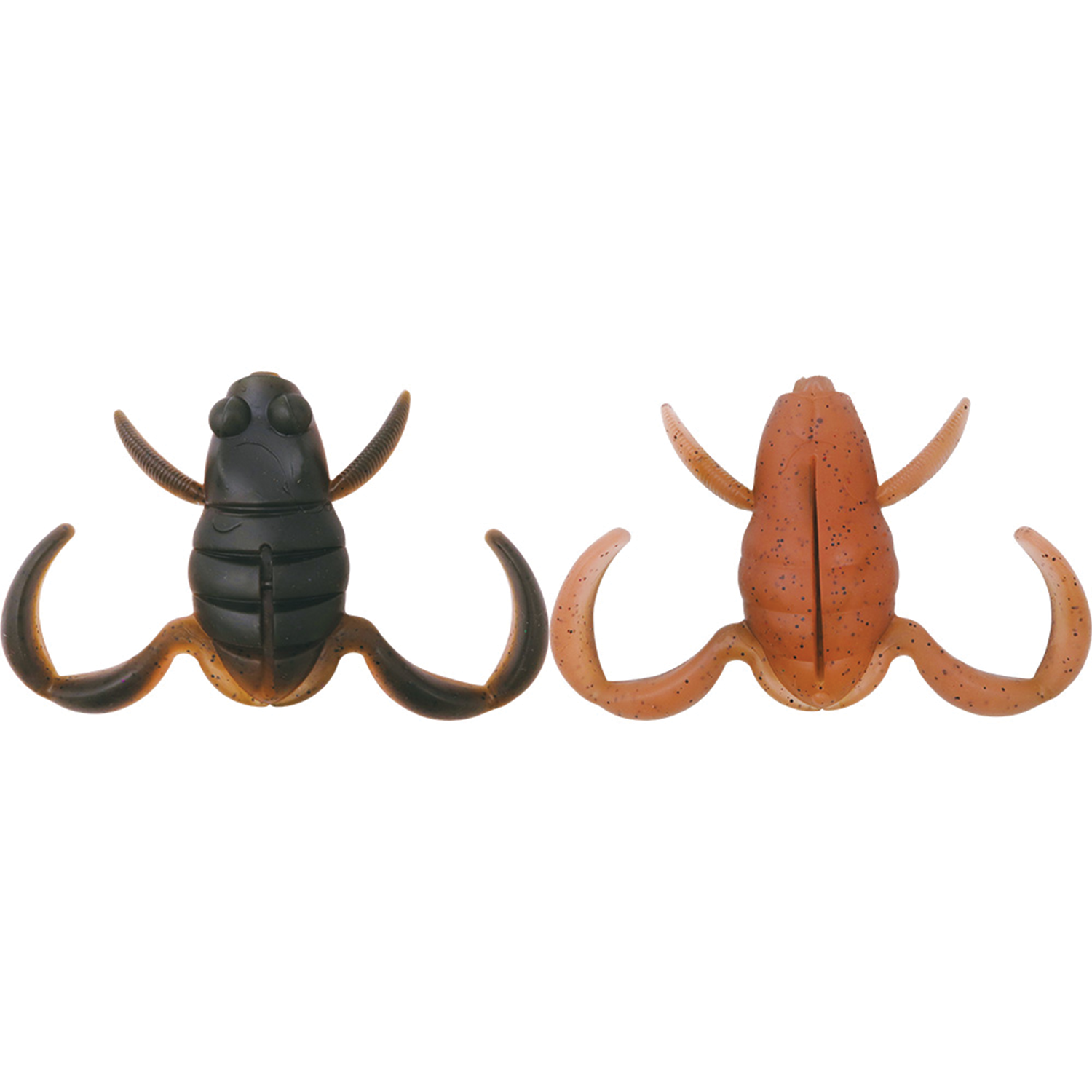 Two BottomUp Scooper Frog Magnum fishing lures in black and brown colors, designed with curved legs and segmented bodies for realistic movement in water.