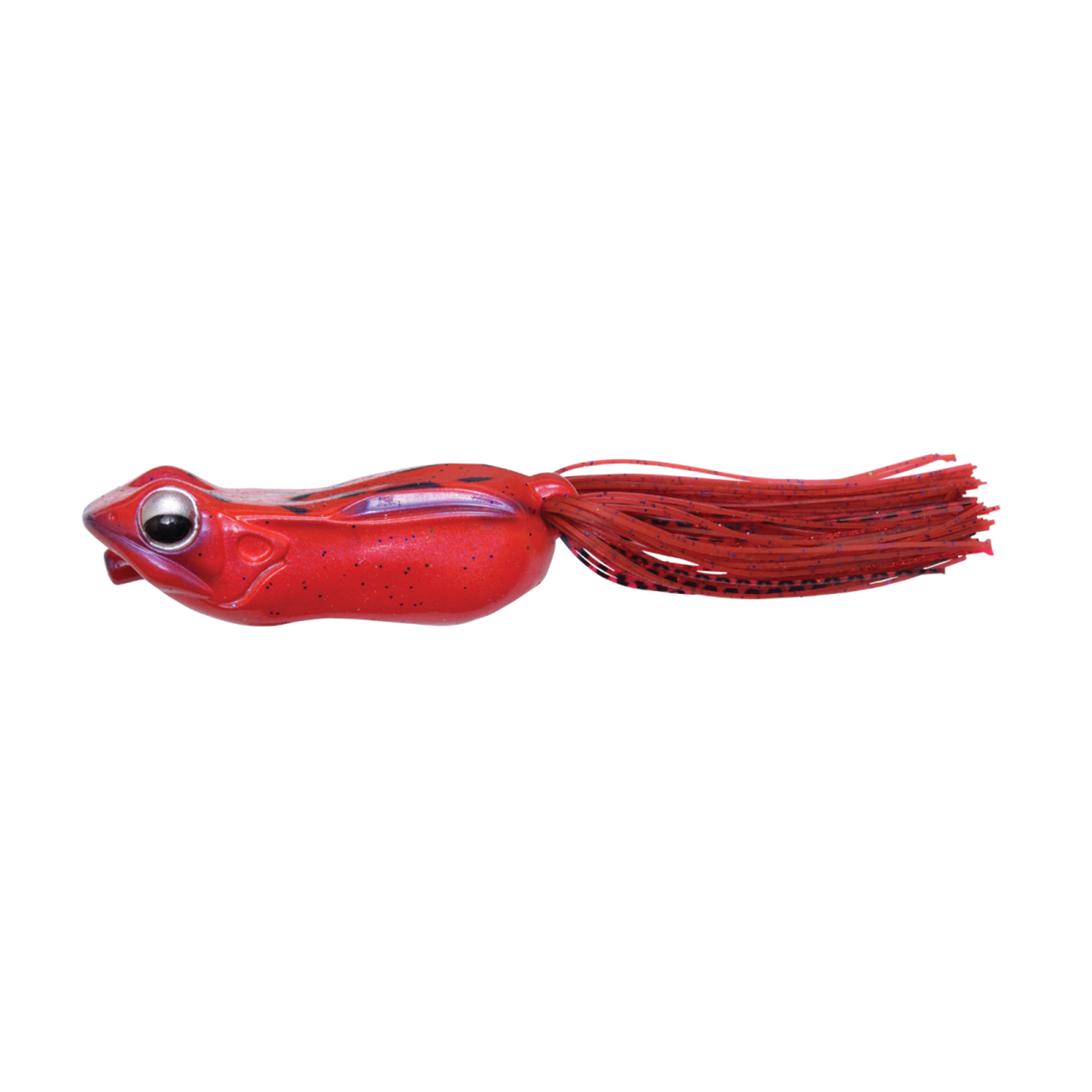 Megabass Big Gabot fishing lure in bright red with black speckles, featuring a frog-shaped head and flexible skirt tail for lifelike movement in fishing tackle.
