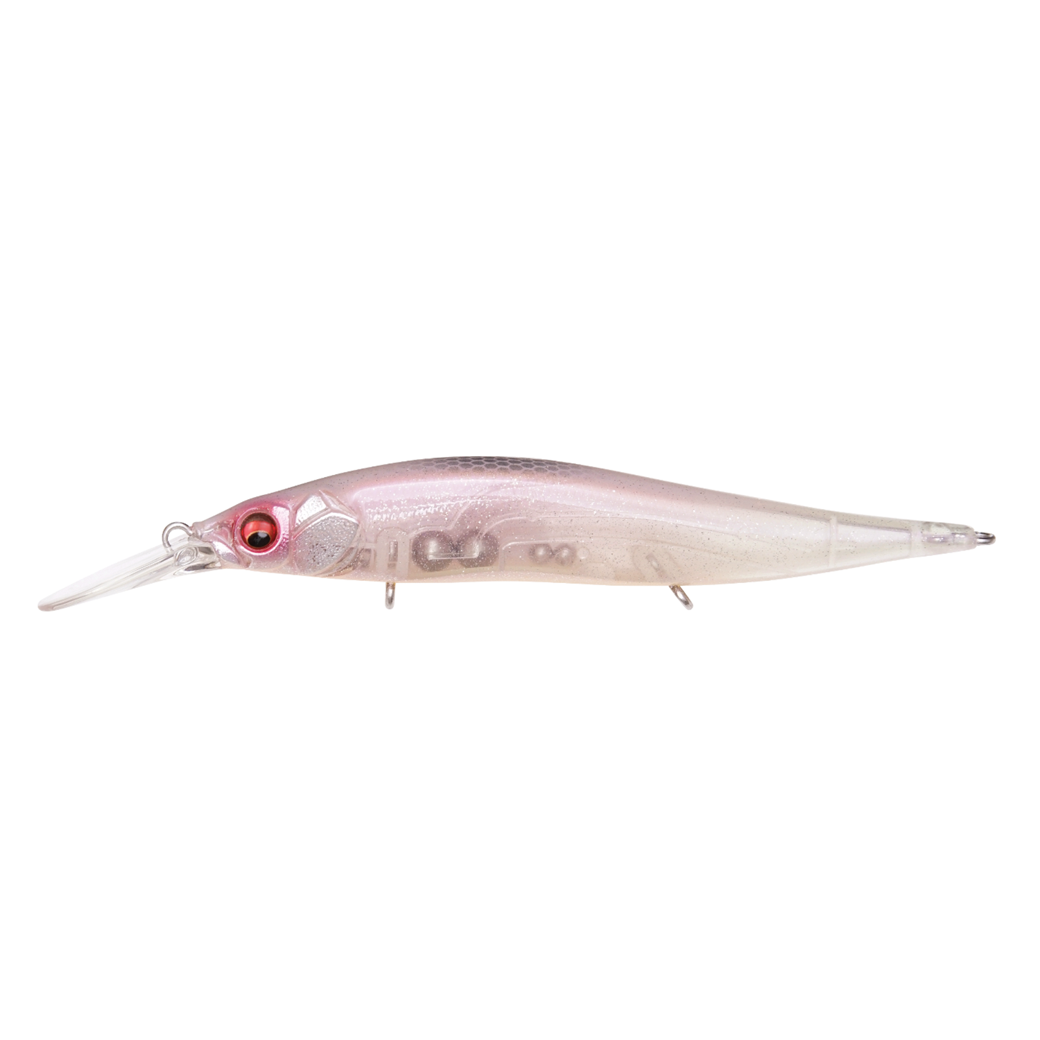 Megabass Vision 110+1 Jr. clear pink fishing lure with realistic eyes and detailed body design, ideal for freshwater fishing tackle.