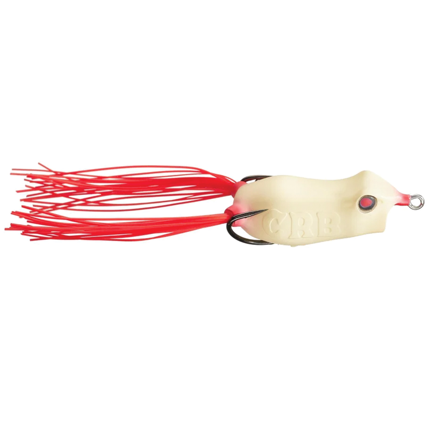 Copper Red Baits Loud Mouth Frog fishing lure with a cream-colored body and bright red flexible skirt tail, designed for effective musky and freshwater fishing tackle.