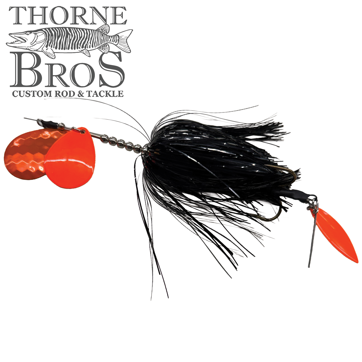 Hunsy Tails 7/8 Banger fishing lure with bright orange hammered metal blades and black synthetic skirt designed for musky fishing, shown against a white background.