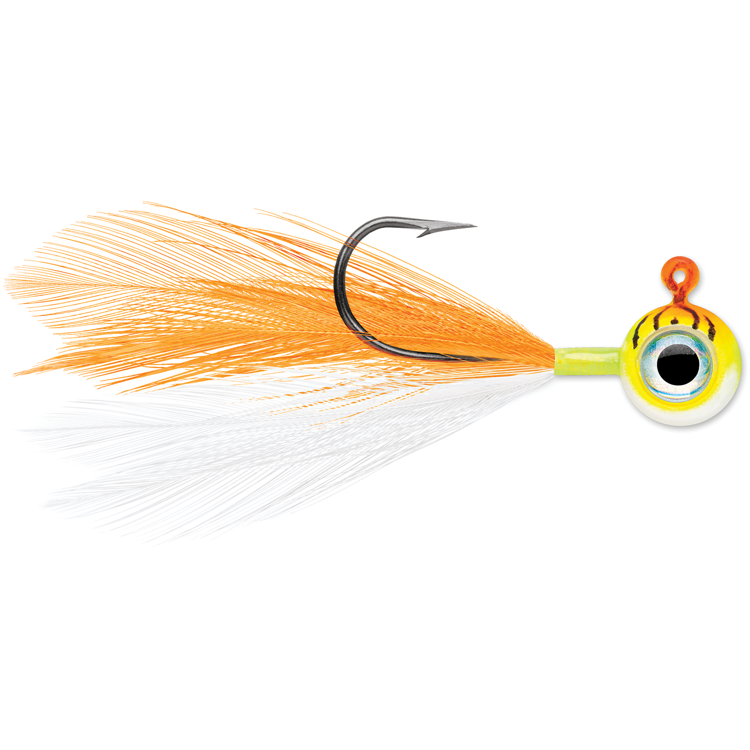 VMC Moon Fly Jig featuring a sharp curved hook with bright orange and white feathered tail and a round yellow head with a detailed eye design, designed for fishing tackle.