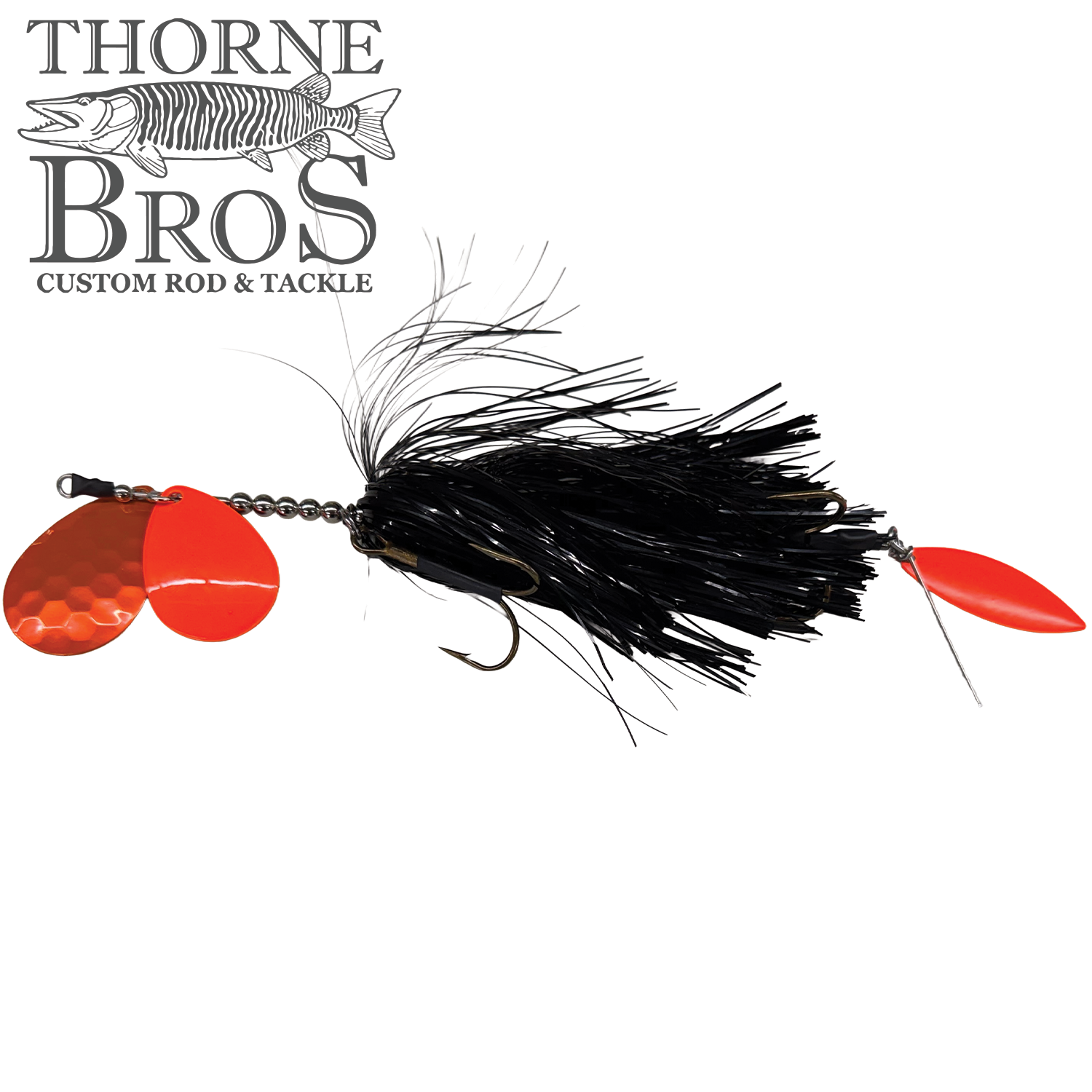 Hunsy Tails 7/8 XL Banger fishing lure with black skirt, two bright orange spinner blades, and a sharp hook designed for musky fishing, featured by Thorne Bros.
