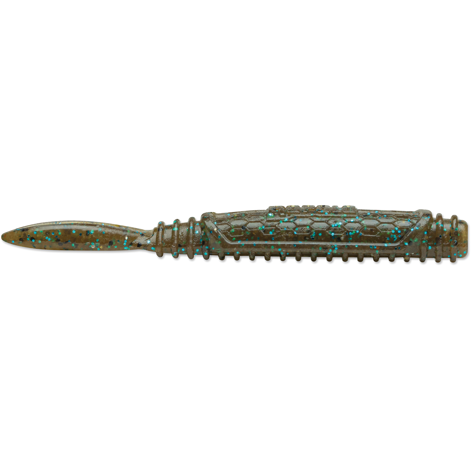 Rapala CrushCity Salted Ned Roll fishing lure in brown with blue flecks, featuring a ribbed body and paddle tail for realistic movement in fishing tackle.