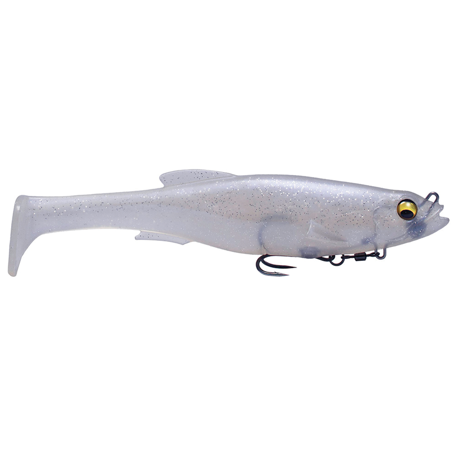 Megabass Magdraft soft fishing lure in silver with glitter accents, detailed eyes, and a treble hook designed for attracting musky and other large fish.
