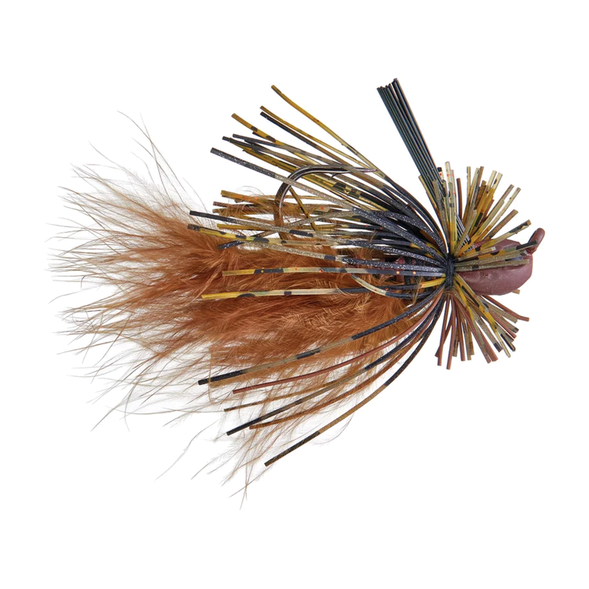Beast Coast Hustler Hybrid Finesse Jig fishing lure with brown hair and multicolor skirt strands for musky fishing on a white background