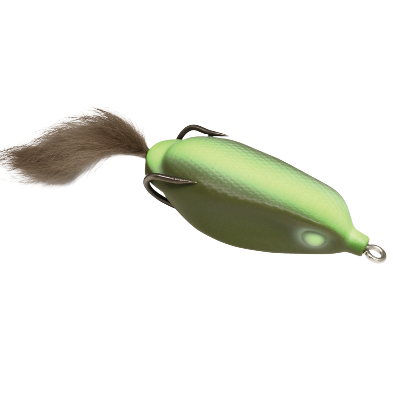 Deps Slither K Hollow Body Frog fishing lure in green with a textured body, sharp hooks, and a furry tail, designed for effective fishing tackle use.