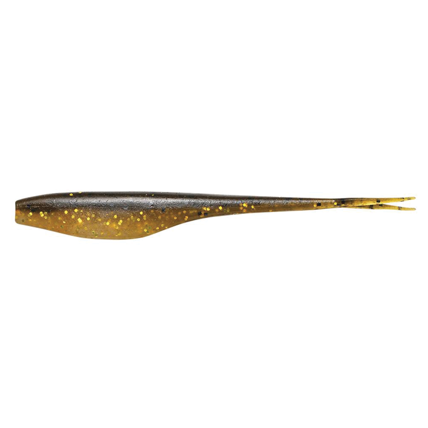 Megabass Sling Shad (5in) fishing lure in brown and gold with glitter accents, designed for lifelike movement to attract freshwater fish.