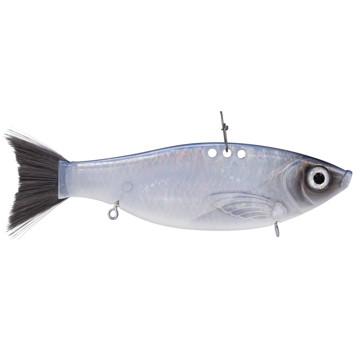 Bill Lewis Big Gizz fishing lure designed to imitate a small fish with a translucent body, realistic eyes, and a soft tail for lifelike movement in water.