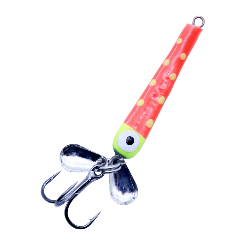 Widow Maker Slab Seeker Tungsten Spoon fishing lure in bright orange with yellow spots, featuring a green and black eye design and two silver spinner blades attached to a treble hook.