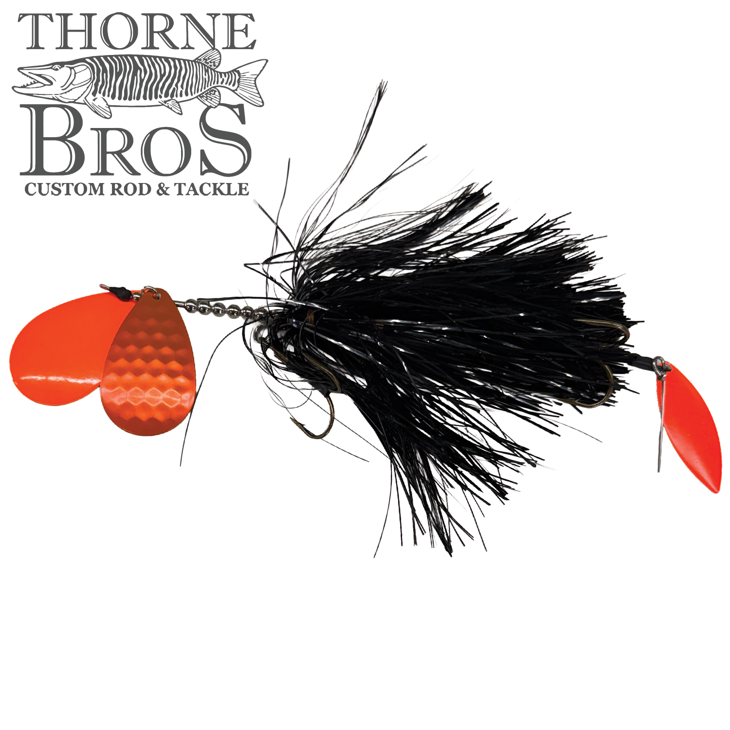 Hunsy Tails 9/10 Banger fishing lure with black feathered body and two bright orange spinner blades designed for musky fishing, displayed on white background.
